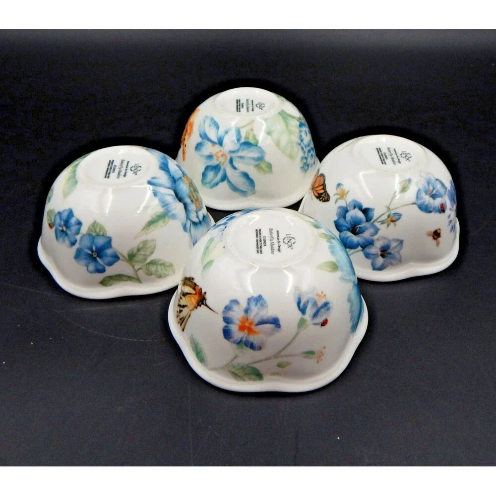 Lenox Butterfly Meadow Bloom 4 Piece Dessert Bowl Set Blue Floral 4-3/4 Inch